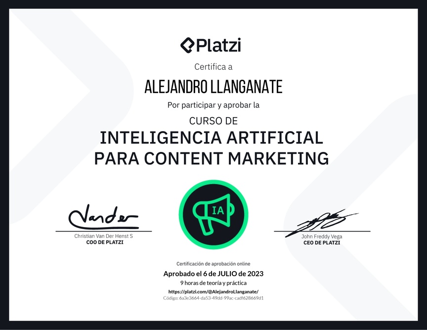 Diploma del Curso de Inteligencia Artificial para Content Marketing