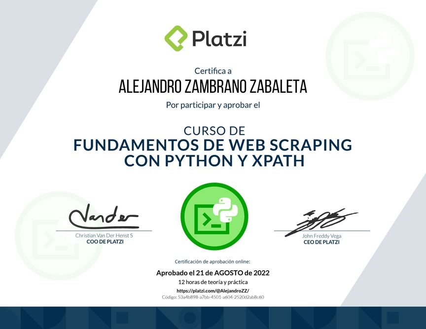 Diploma del Curso de Fundamentos de Web Scraping con Python y Xpath