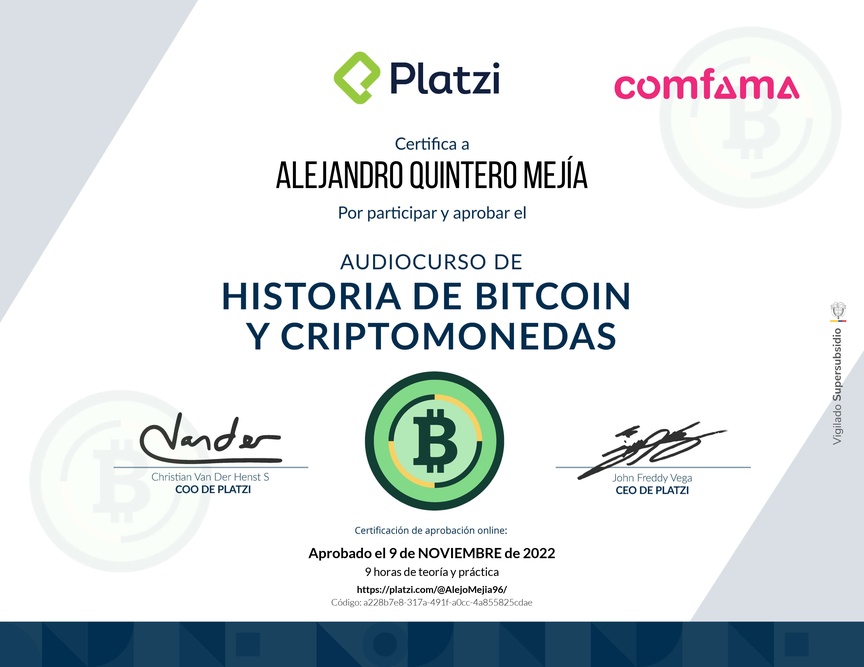 Diploma de Audiocurso de Historia de Bitcoin y Criptomonedas