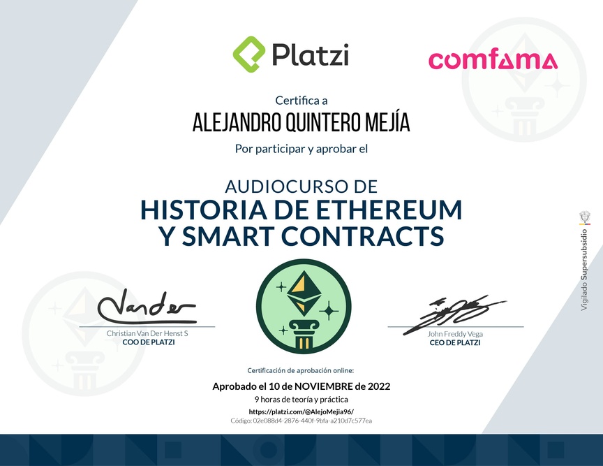 Diploma de Audiocurso de Historia de Ethereum y Smart Contracts