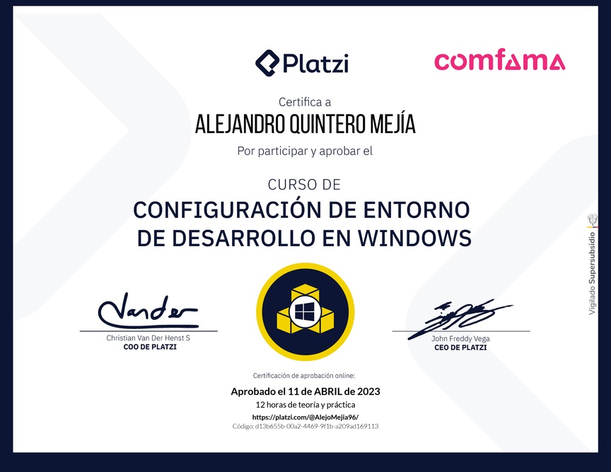 Diploma del Curso de Configuración de Entorno de Desarrollo en Windows