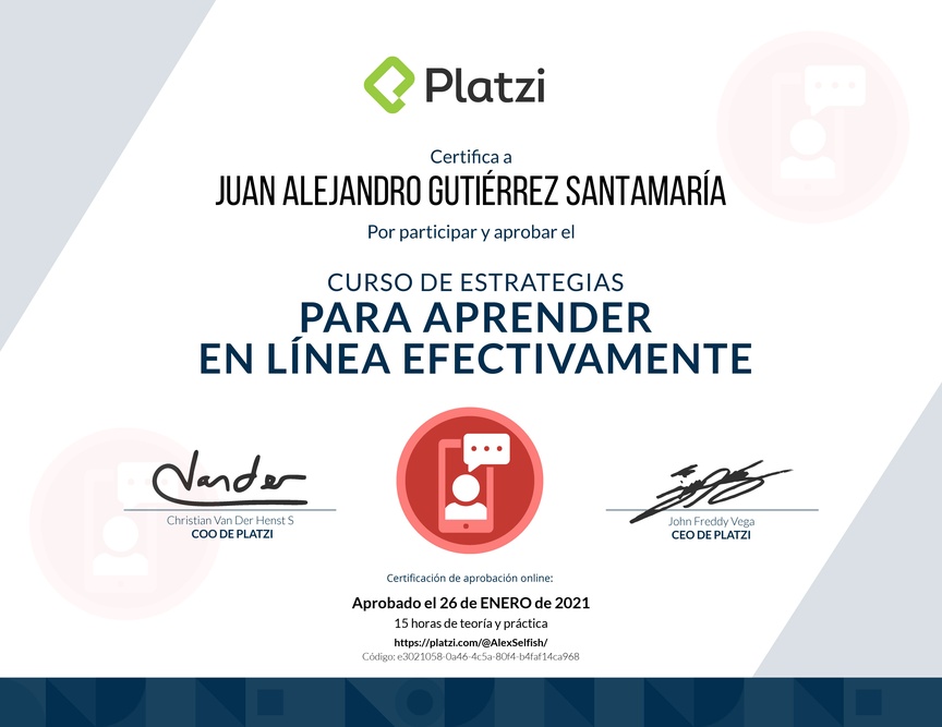 Diploma del Curso de Estrategias para Aprender en Línea Efectivamente 2019