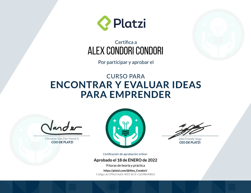 Diploma del Curso para Encontrar y Evaluar Ideas para Emprender