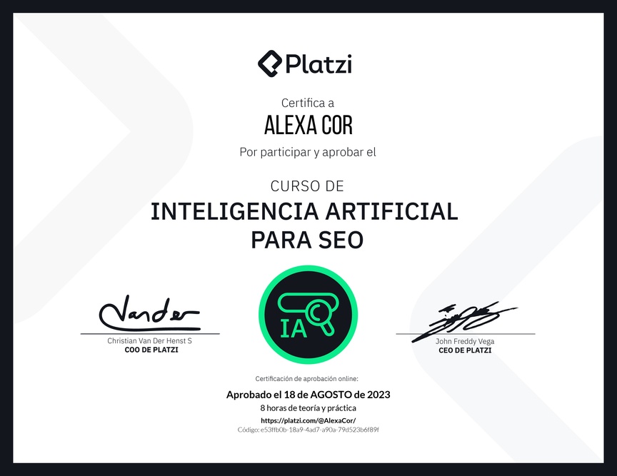 Diploma del Curso de Inteligencia Artificial para SEO