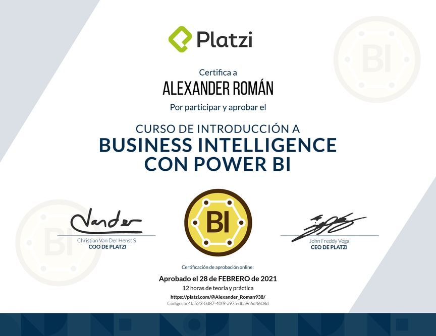 Diploma del Curso de Introducción a Business Intelligence con Power BI