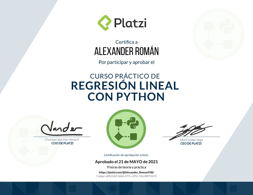 Diploma del Curso Práctico de Regresión Lineal con Python