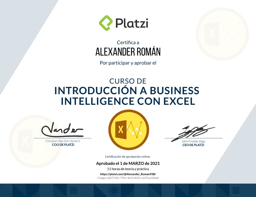 Diploma del Curso de Introducción a Business Intelligence con Excel