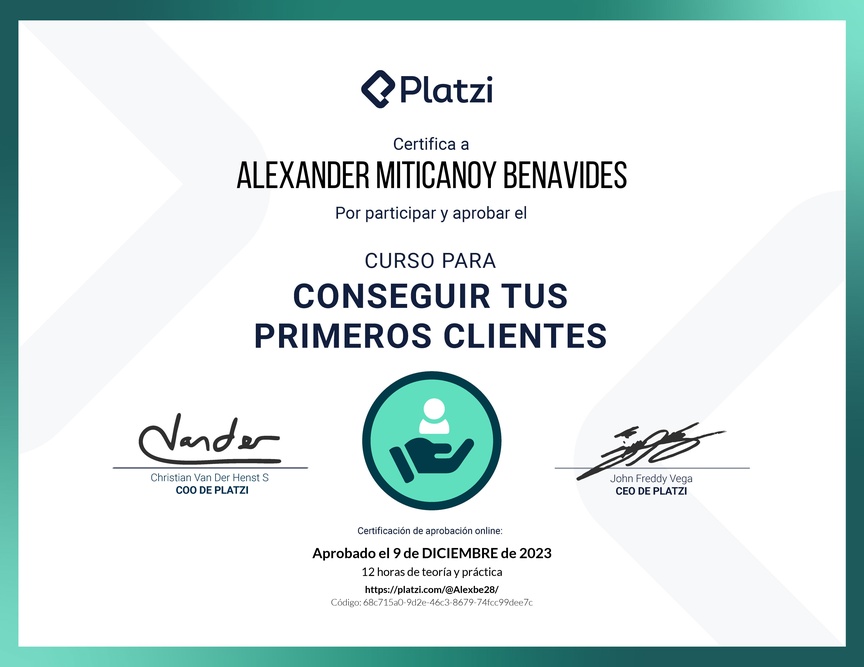 Diploma del Curso de Cómo Conseguir los Primeros Clientes para tu Startup
