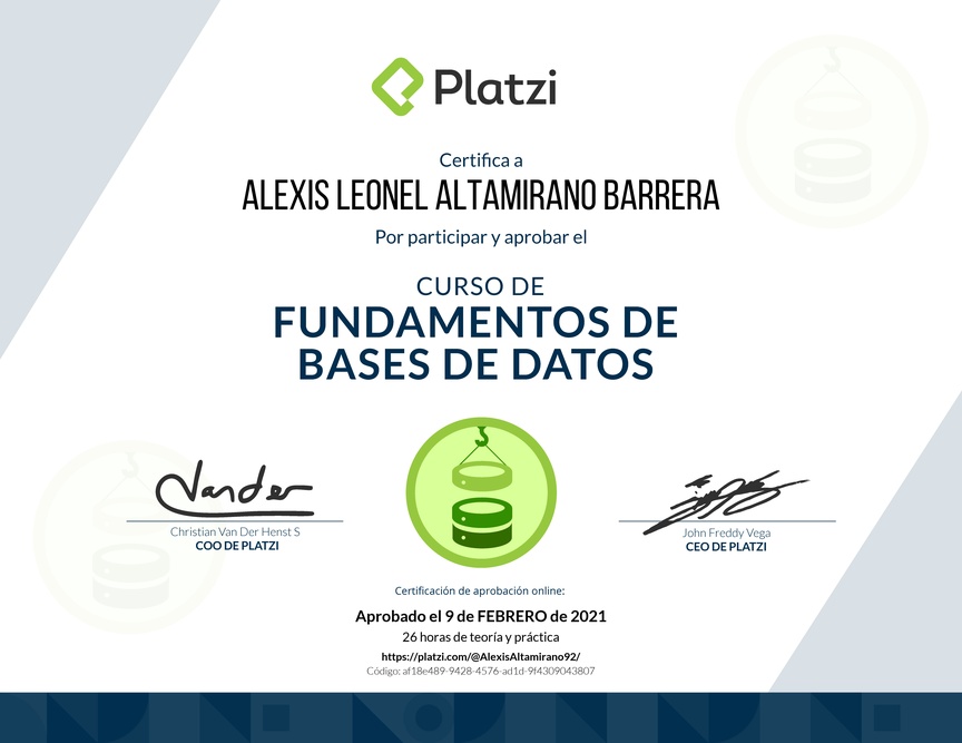 Diploma del Curso de Fundamentos de Bases de Datos 2019