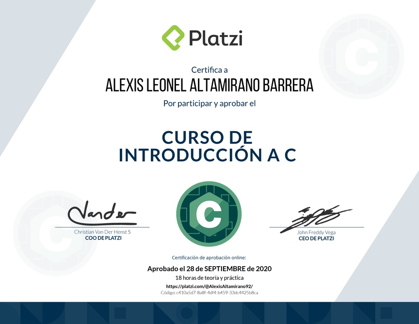 Diploma del Curso de Introducción a C 2019