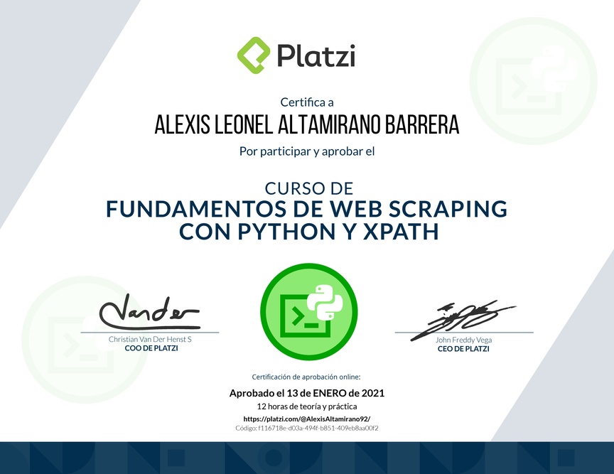 Diploma del Curso de Fundamentos de Web Scraping con Python y Xpath