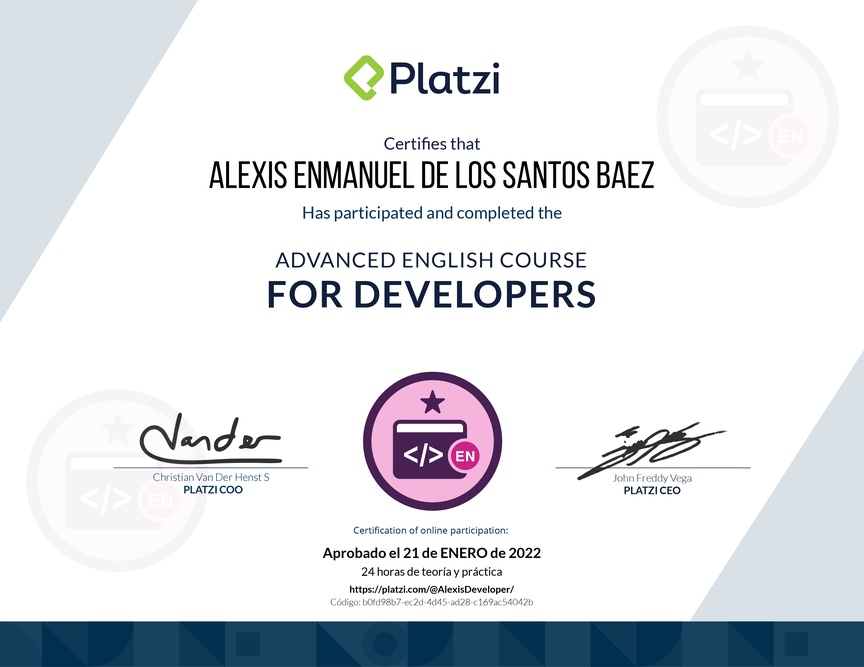 Diploma del Curso para Developers en Inglés (2020)
