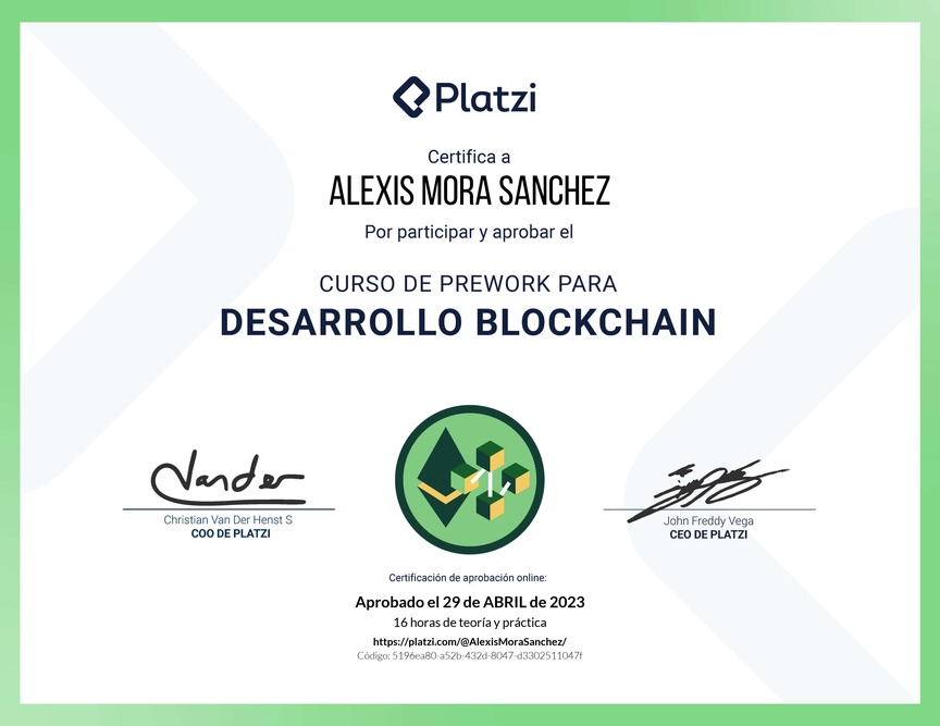Diploma del Curso de Prework para Desarrollo de Aplicaciones Blockchain