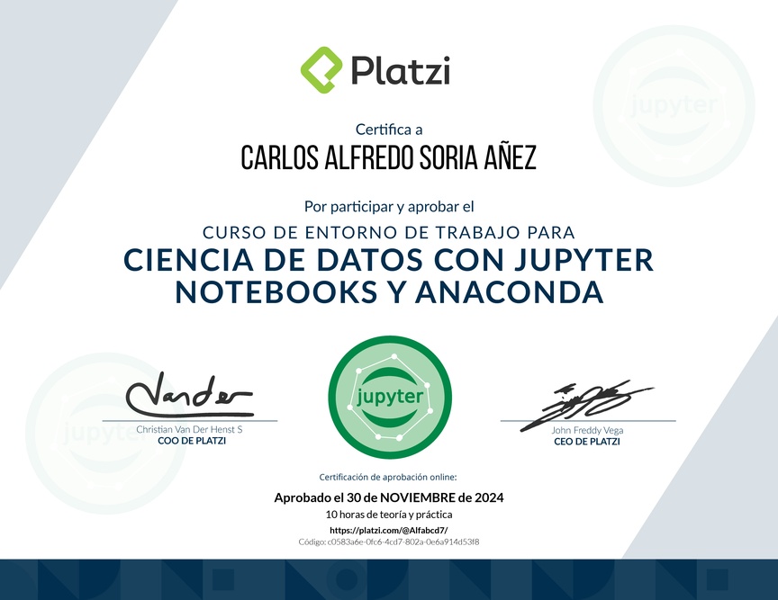 Diploma del Curso de Entorno de Trabajo para Ciencia de Datos con Jupyter Notebooks y Anaconda