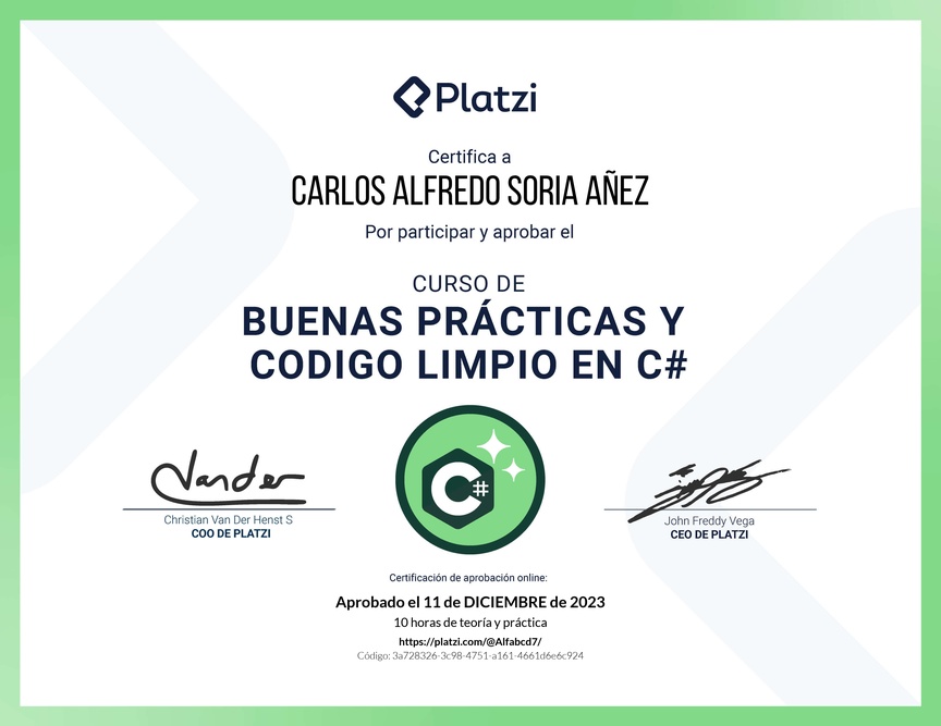 Diploma del Curso de Buenas Prácticas y Código Limpio en C#