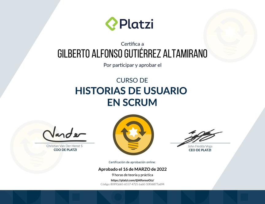 Diploma del Curso de Historias de Usuario en Scrum
