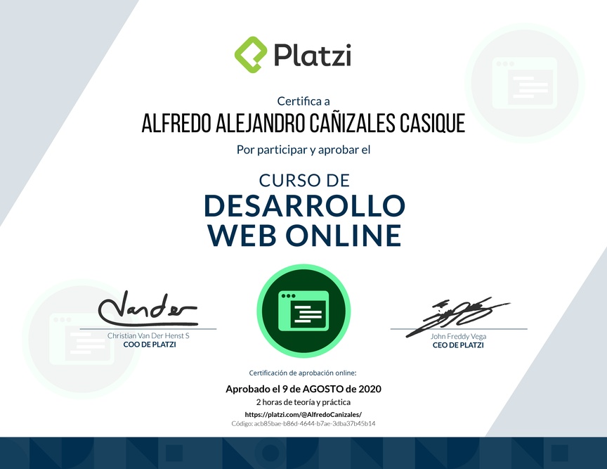 Diploma del Curso de Desarrollo Web Online