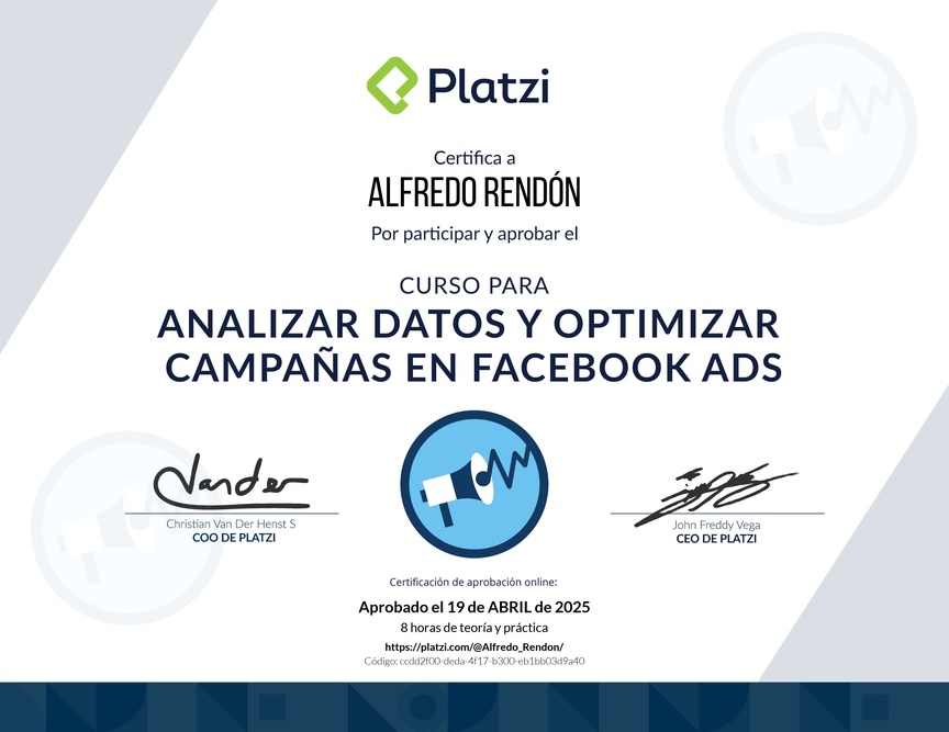Diploma del Curso para Analizar Datos y Optimizar Campañas en Facebook Ads