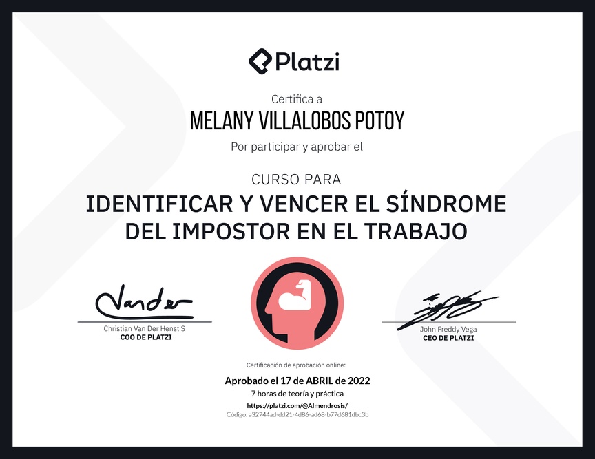 Diploma del Curso para Identificar y Vencer el Síndrome del Impostor