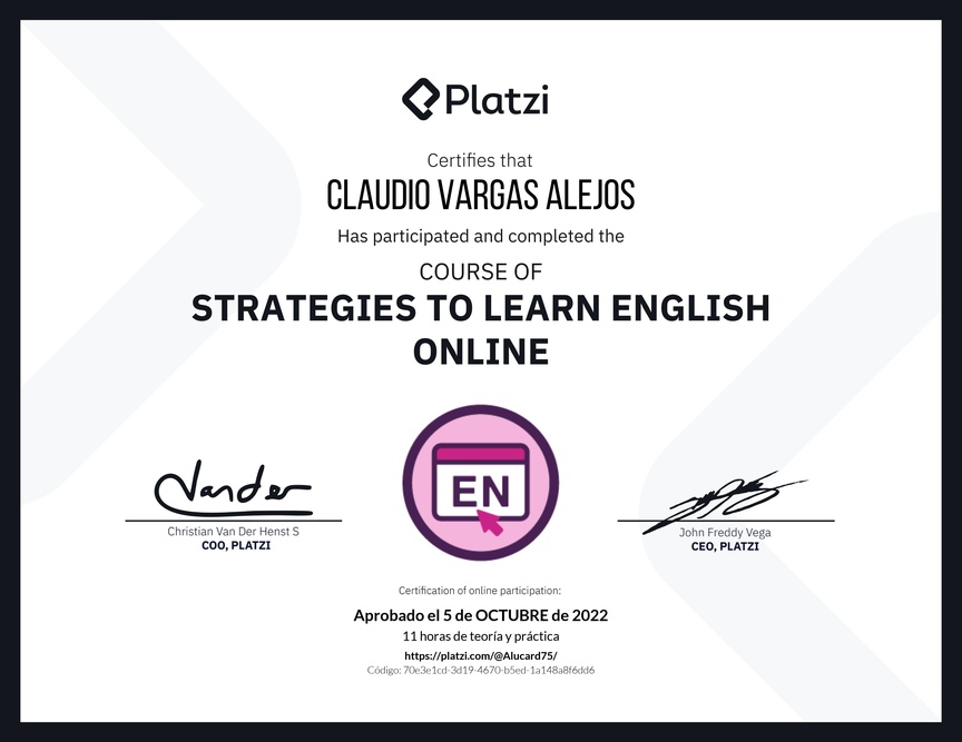 Diploma del Curso Gratis de Estrategias para Aprender Inglés en Línea