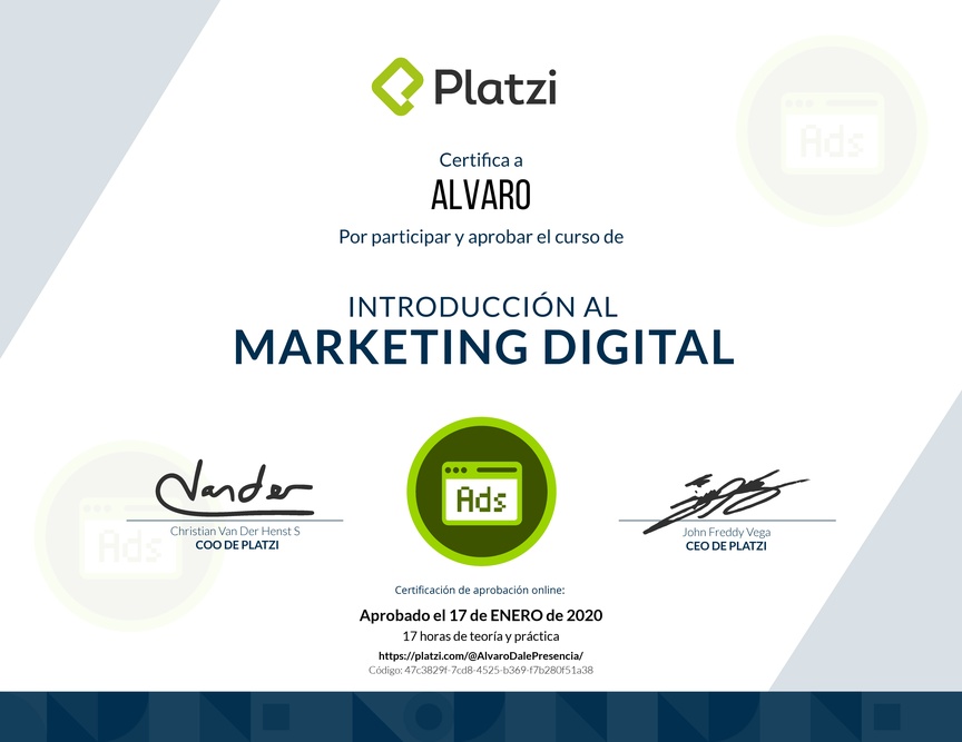 Diploma del Curso de Introducción al Marketing Digital (2018)