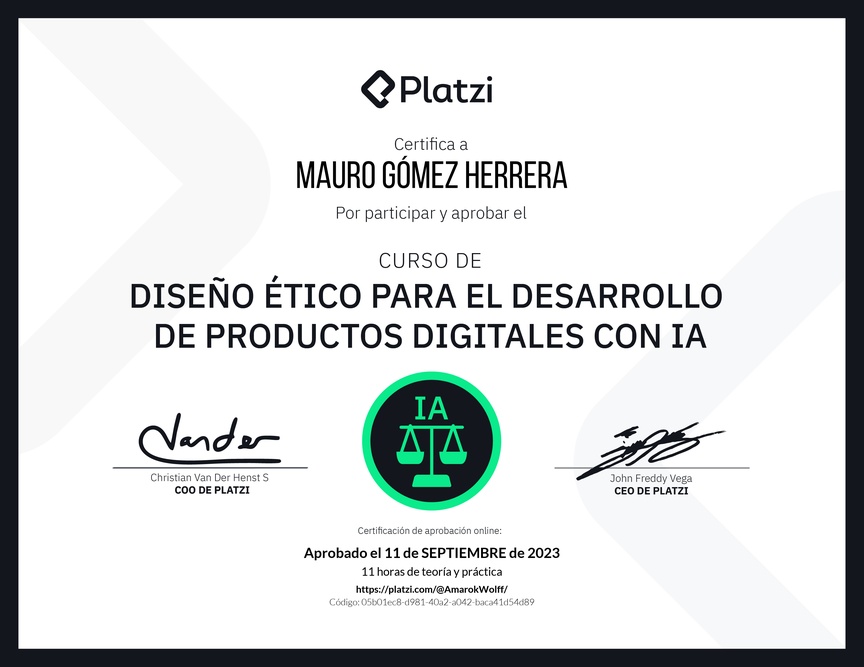 Diploma del Curso de Diseño Ético para el Desarrollo de Productos Digitales con IA