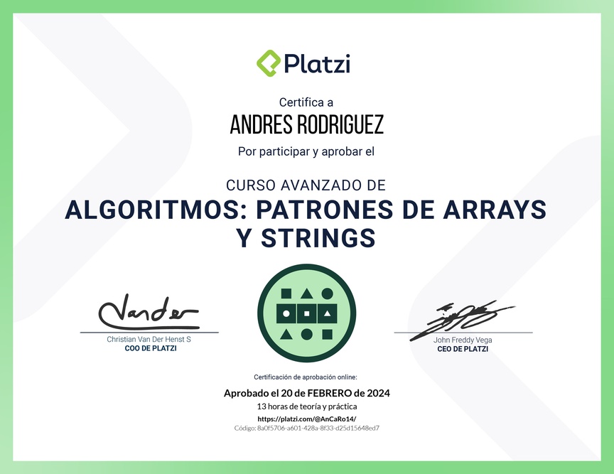 Diploma del Curso de Algoritmos Avanzados: Patrones de Arrays y Strings