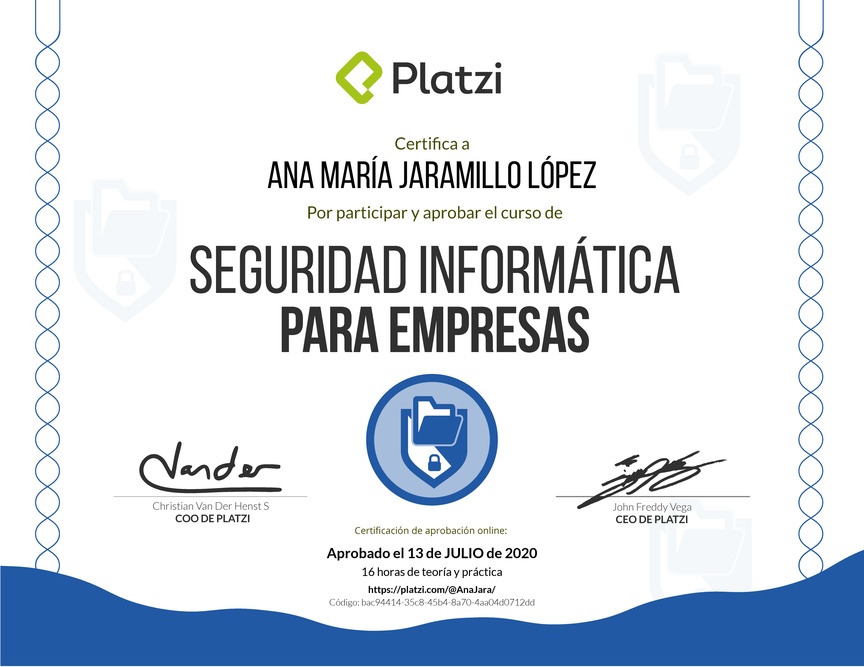 Diploma del Curso de Seguridad Informática para Empresas 2018