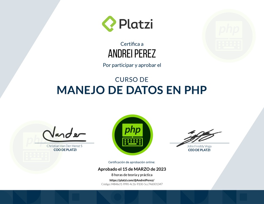 Diploma del Curso de Manejo de Datos en PHP