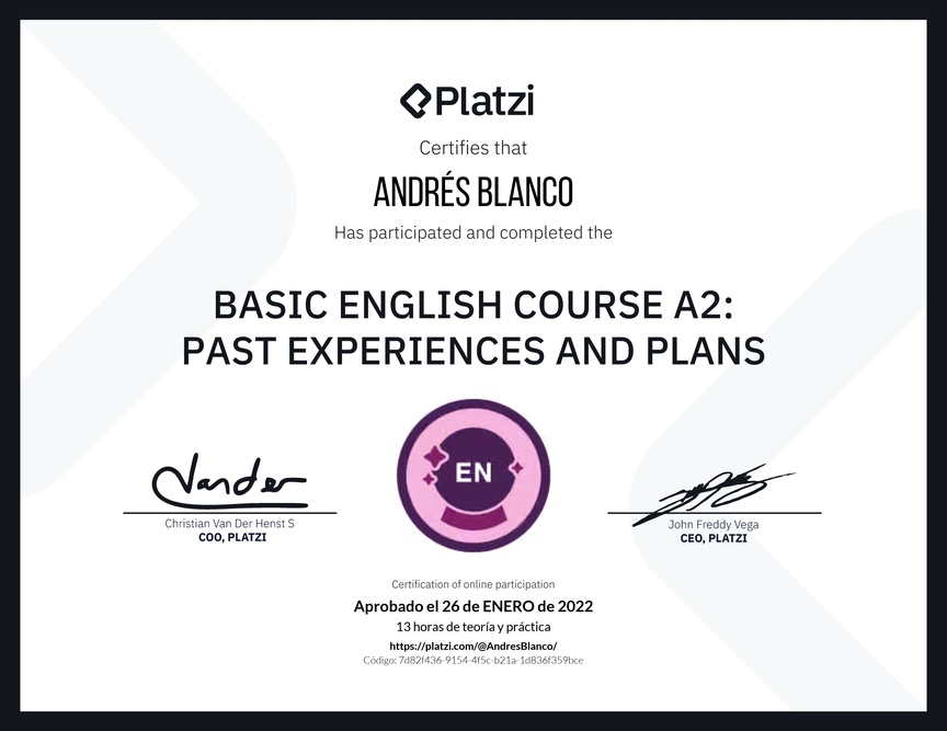 Diploma del Curso de Inglés Básico A2: Experiencias Pasadas y Planes