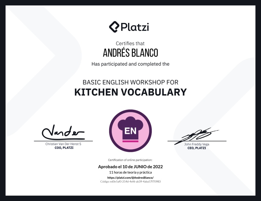 Diploma del Curso de Inglés Práctico sobre Vocabulario de Cocina