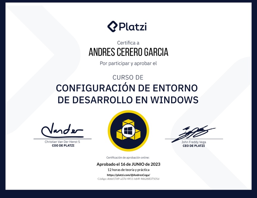 Diploma del Curso de Configuración de Entorno de Desarrollo en Windows
