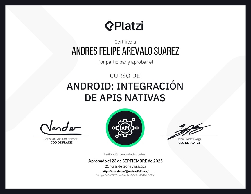 Diploma del Curso de Android: Integración de APIs nativas