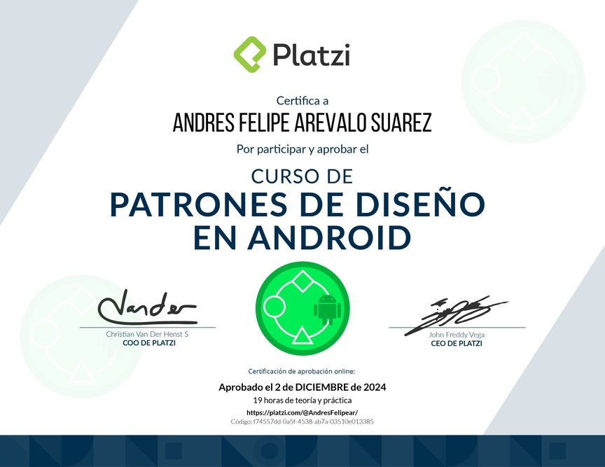 Diploma del Curso de Patrones de Diseño en Android