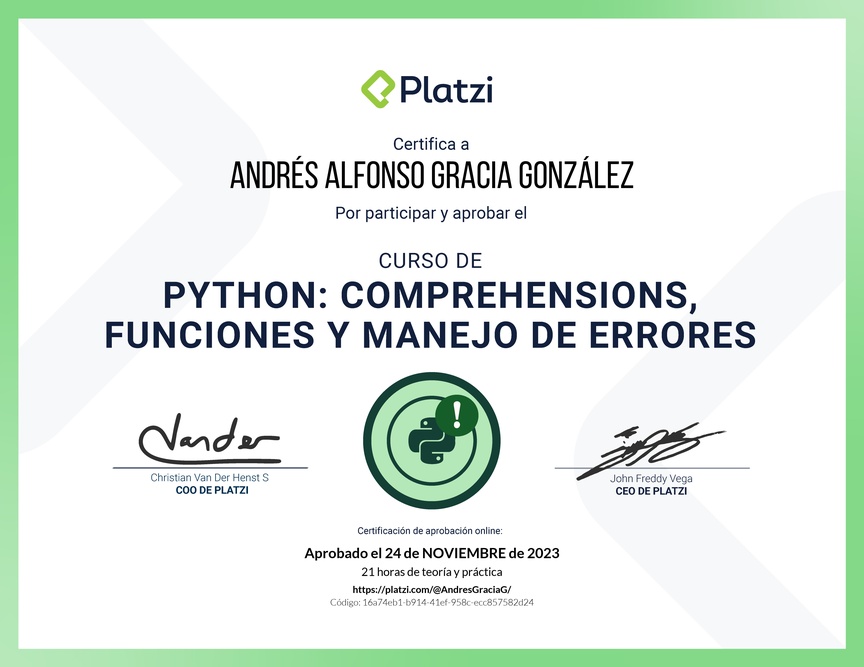 Diploma del Curso de Python: Comprehensions, Funciones y Manejo de Errores