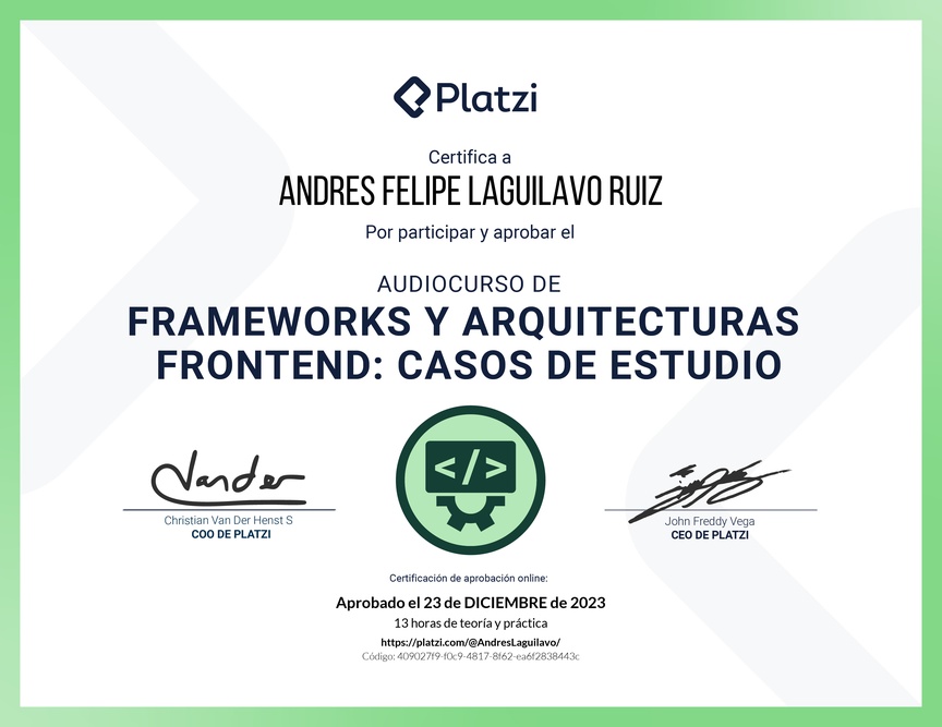 Diploma de Audiocurso de Frameworks y Arquitecturas Frontend: Casos de Estudio