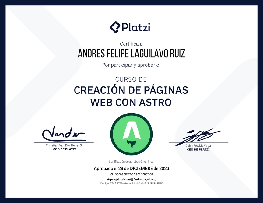 Diploma del Curso de Creación de Páginas Web con Astro