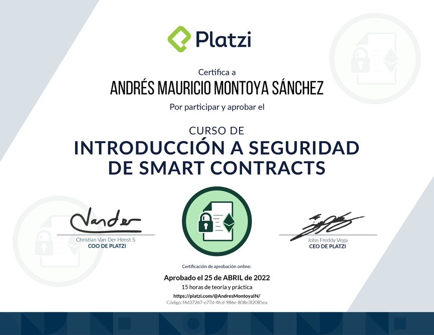 Diploma del Curso de Introducción a Seguridad de Smart Contracts