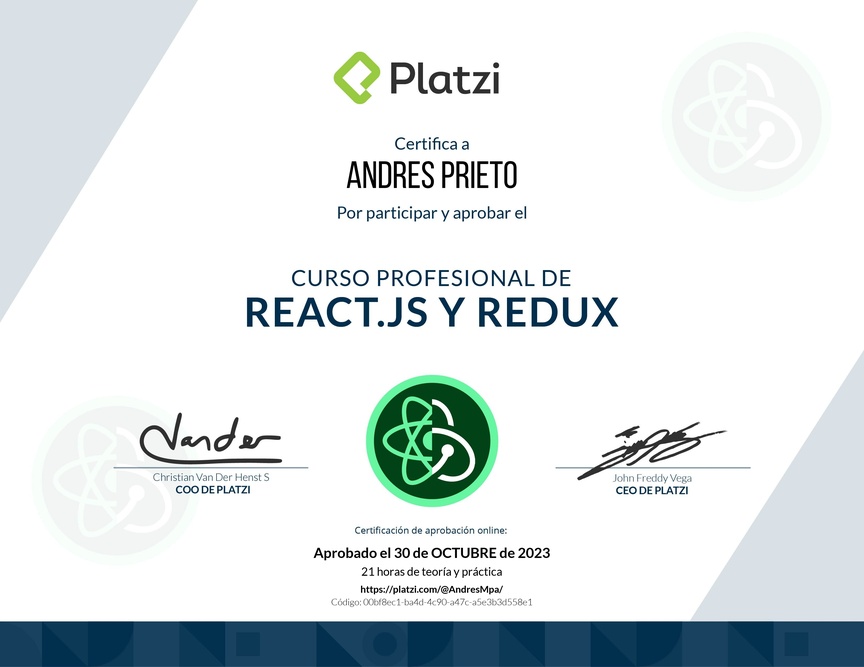 Diploma del Curso Profesional de React.js y Redux