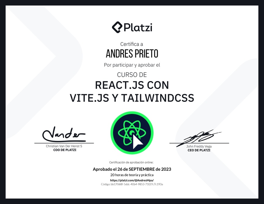 Diploma del Curso de React.js con Vite.js y TailwindCSS