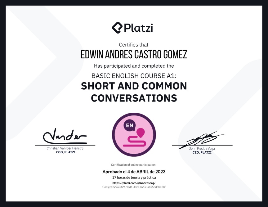 Diploma del Curso de Inglés Básico A1: Conversaciones Cortas y Habituales (2020)