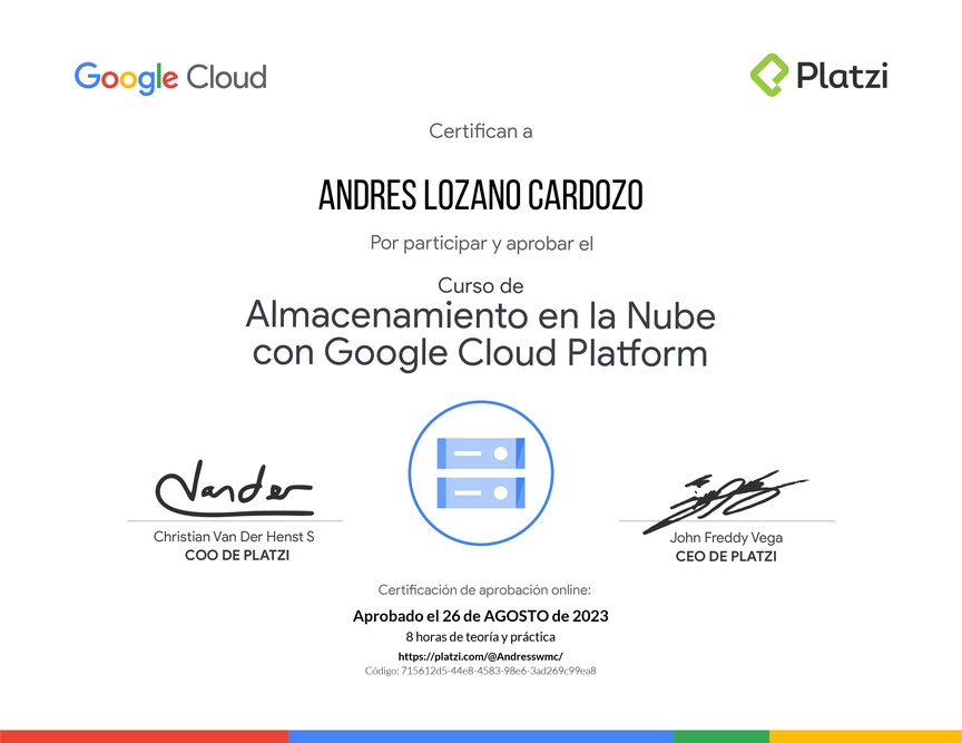 Diploma del Curso de Almacenamiento en la Nube con Google Cloud Platform