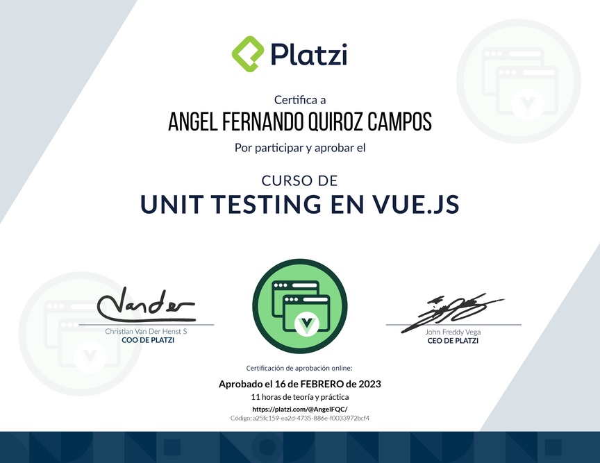 Diploma del Curso de Unit Testing en Vue.js 3