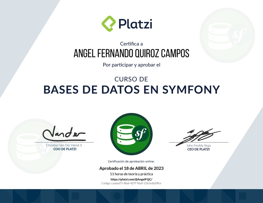 Diploma del Curso de Bases de Datos en Symfony