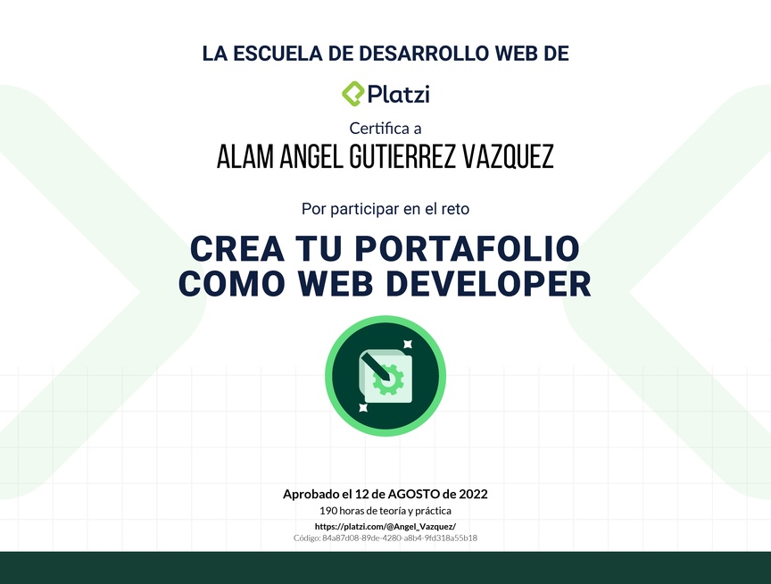 Diploma de Diploma del #PlatziChallenge: Crea tu Portafolio como Web Developer Profesional