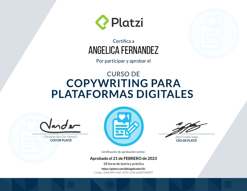Diploma del Curso de Copywriting para Plataformas Digitales