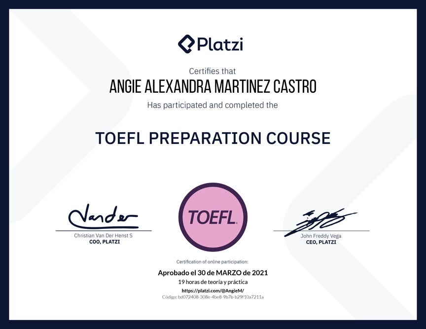 Diploma del Curso de Inglés para Preparación para TOEFL (2020)