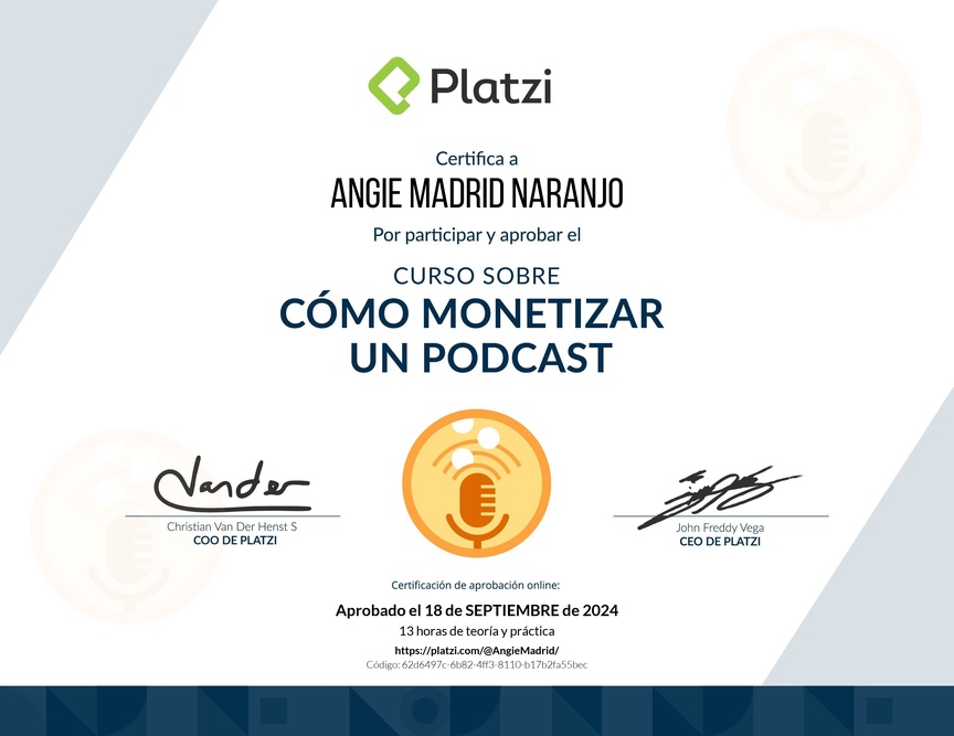 Diploma del Curso sobre Cómo Monetizar un Podcast