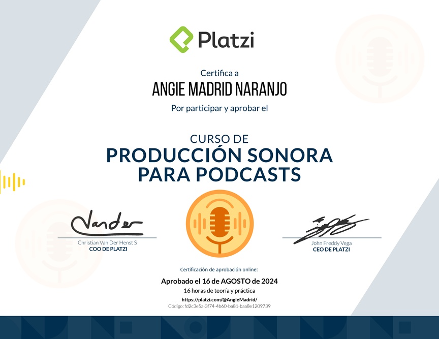 Diploma del Curso de Producción Sonora para Podcasts