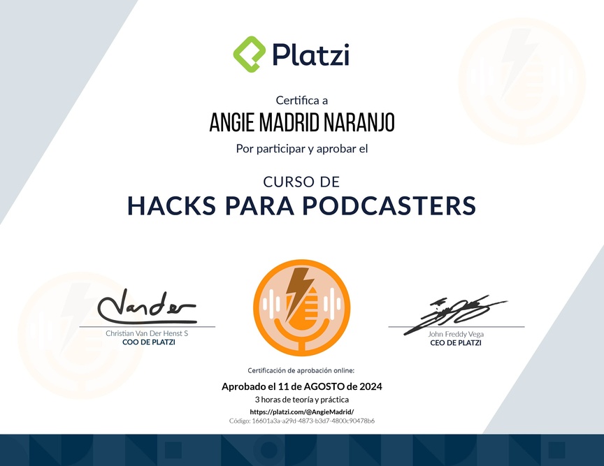 Diploma del Curso de Hacks para Mejorar tus Podcasts